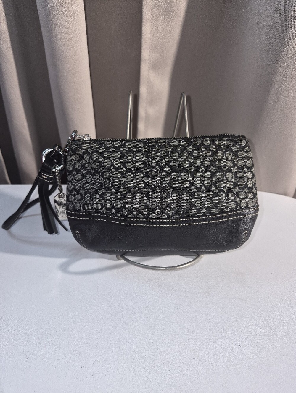 Coach Y2K Black and Gray Signature Canvas Wristlet with Leather Tassel Charm